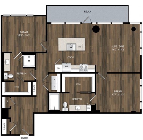 Floor plan for 2 beds, 2 baths, 1186 sqft